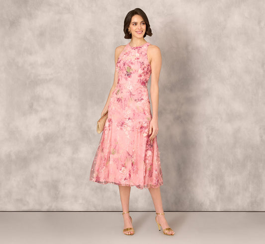Sleeveless Embroidered Side Flounce Midi Dress In Pink Multi