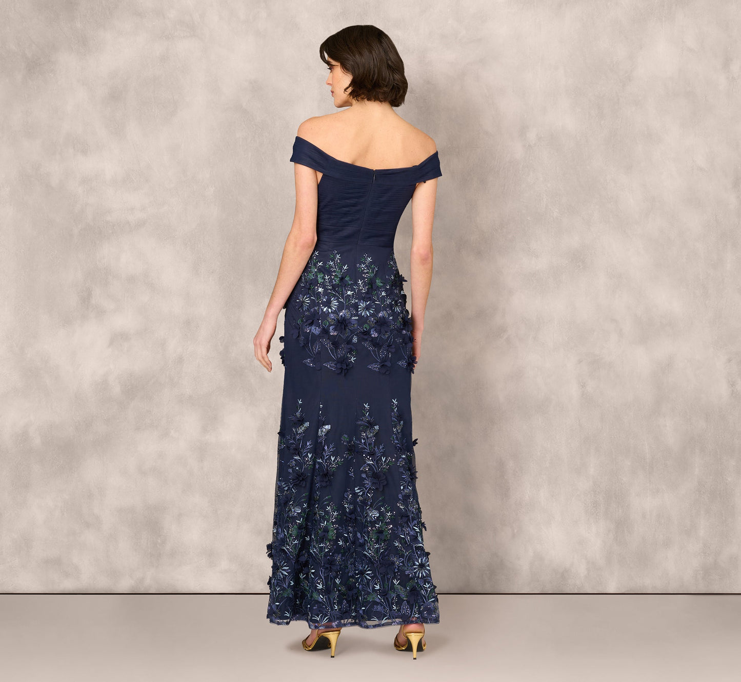 Off Shoulder Sequin Embroidery Mermaid Gown In Navy