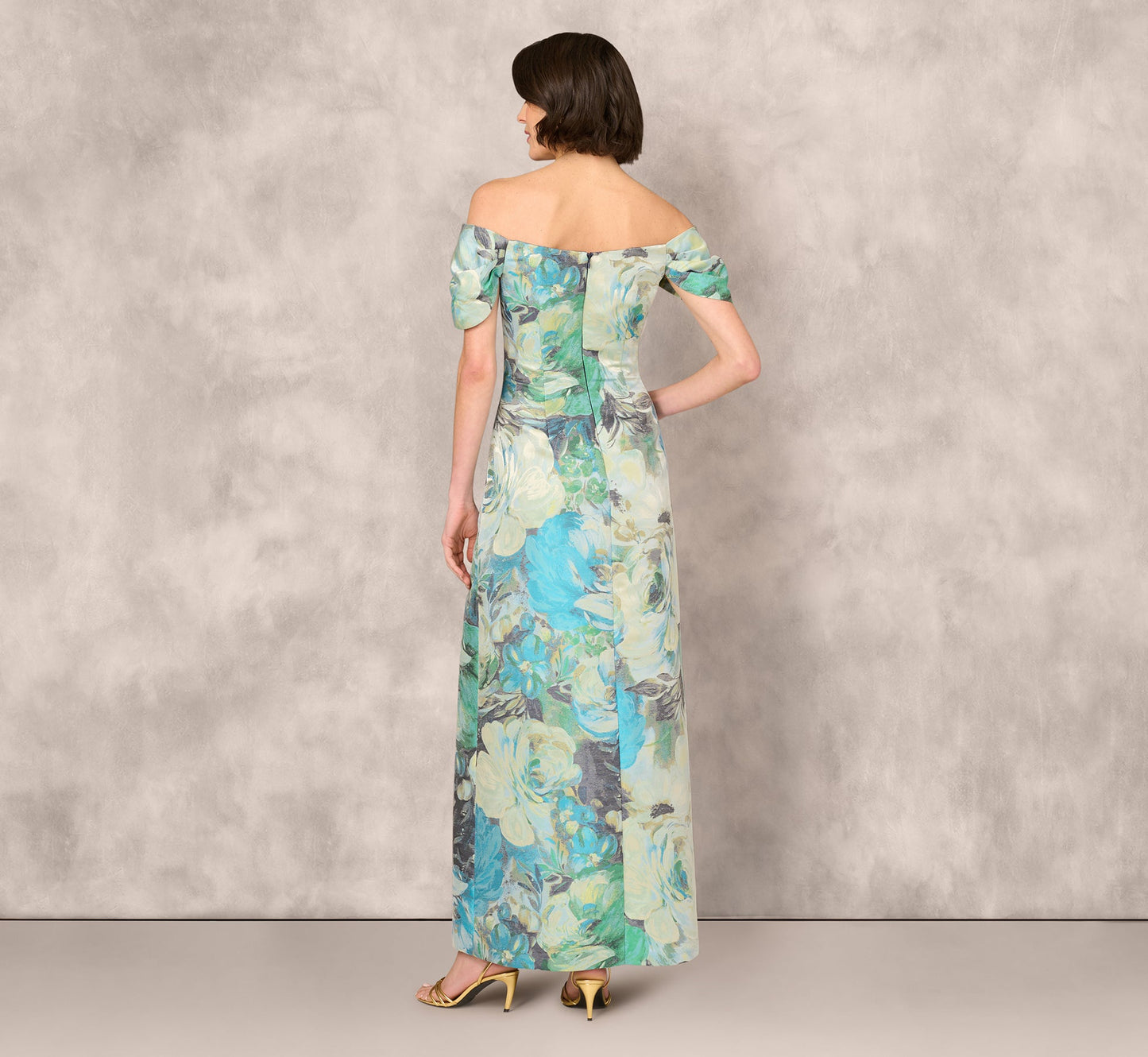 Off Shoulder Floral Jacquard Pleated Gown In Blue Multi