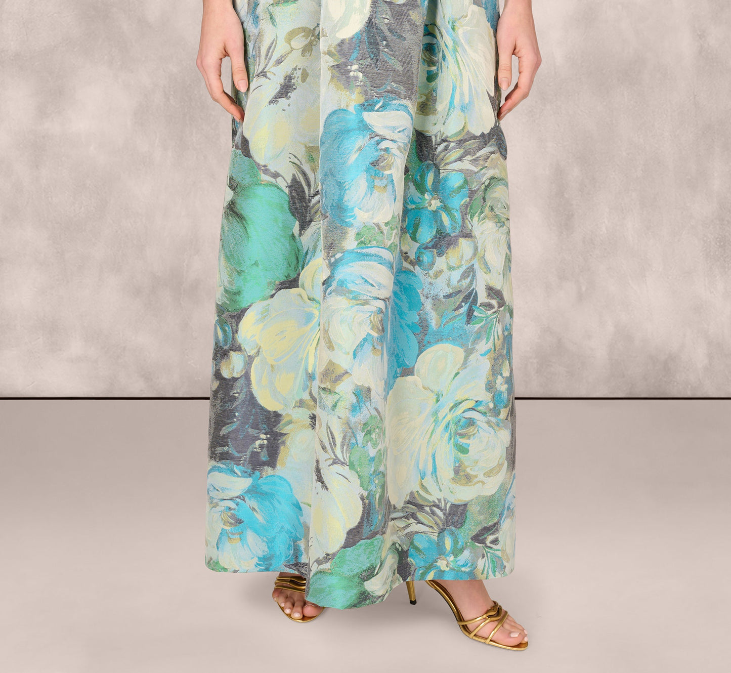 Off Shoulder Floral Jacquard Pleated Gown In Blue Multi