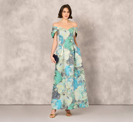 Off Shoulder Floral Jacquard Pleated Gown In Blue Multi