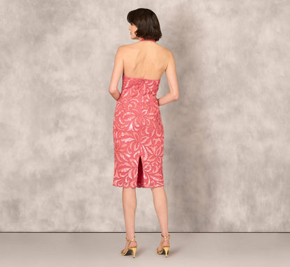 Beaded Halter Midi Sheath Dress In Summer Rose