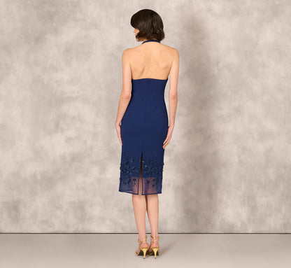 Sleeveless Beaded Organza Hem Halter Midi Dress In Navy
