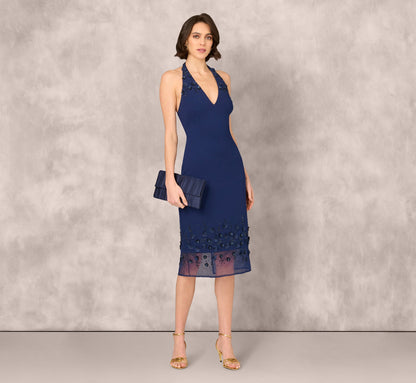 Sleeveless Beaded Organza Hem Halter Midi Dress In Navy