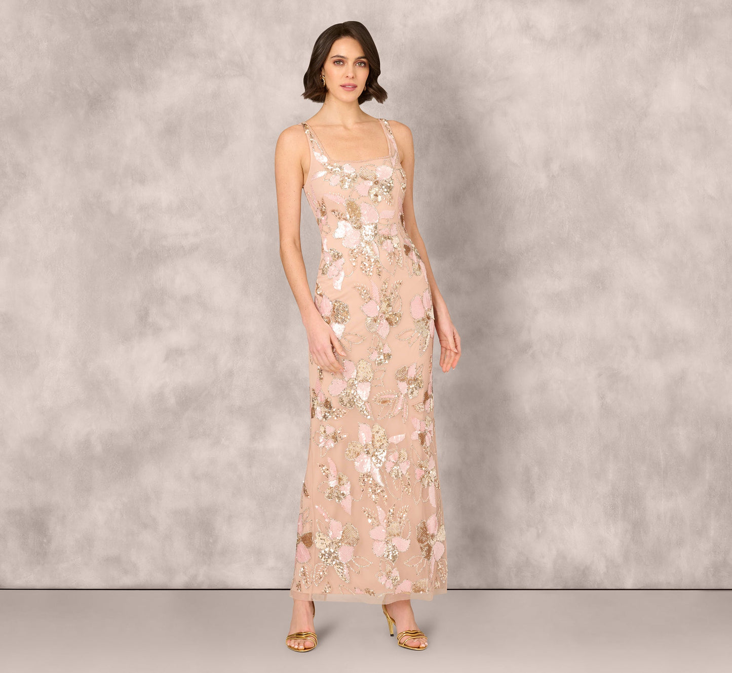 Sleeveless Square Neck Floral Beaded Column Gown In Pink