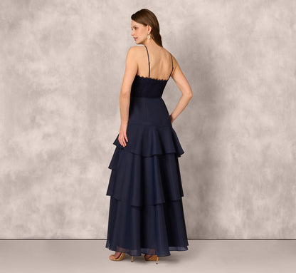 Lace Organza Halter Ballgown In Navy