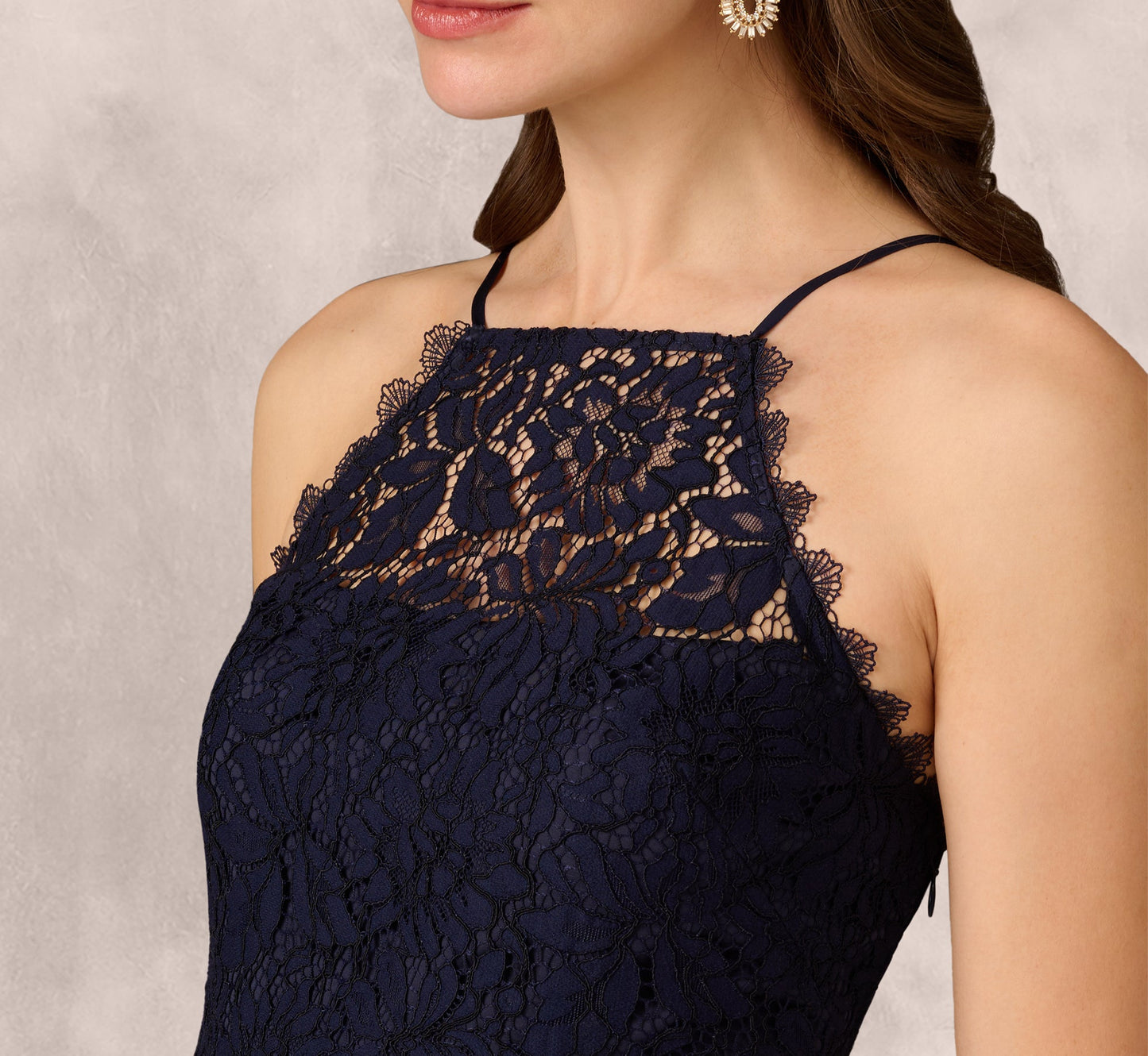 Lace Organza Halter Ballgown In Navy
