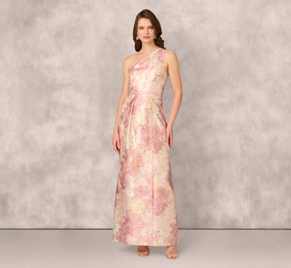 One Shoulder Pleated Jacquard Column Gown In Pink Multi