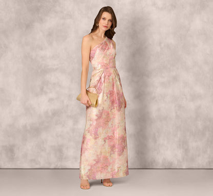 One Shoulder Pleated Jacquard Column Gown In Pink Multi