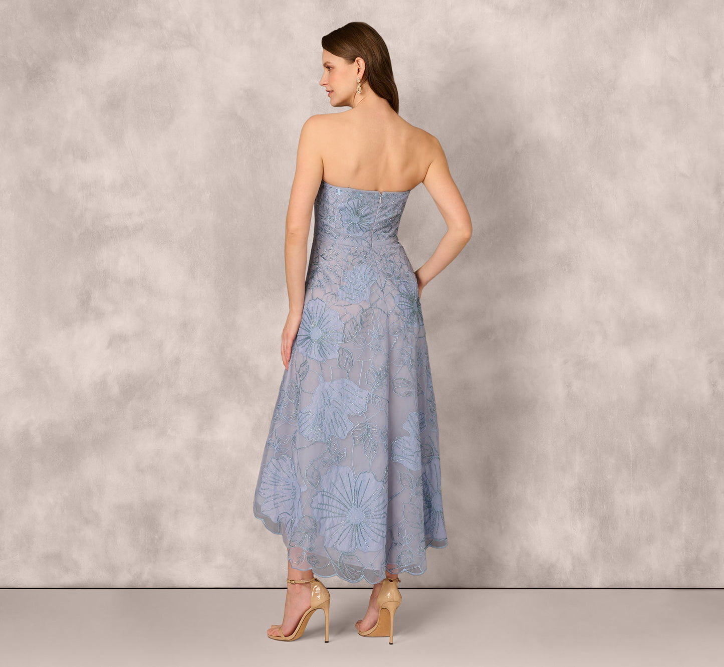 Strapless Floral Embroidered High Low Midi Dress In Blue Cloud