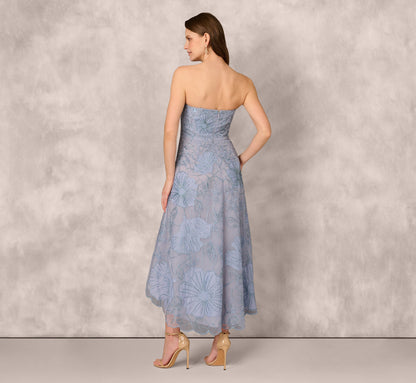 Strapless Floral Embroidered High Low Midi Dress In Blue Cloud