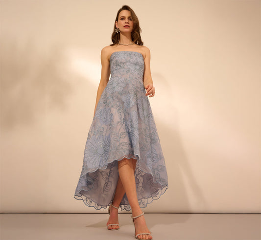 Strapless Floral Embroidered High Low Midi Dress In Blue Cloud