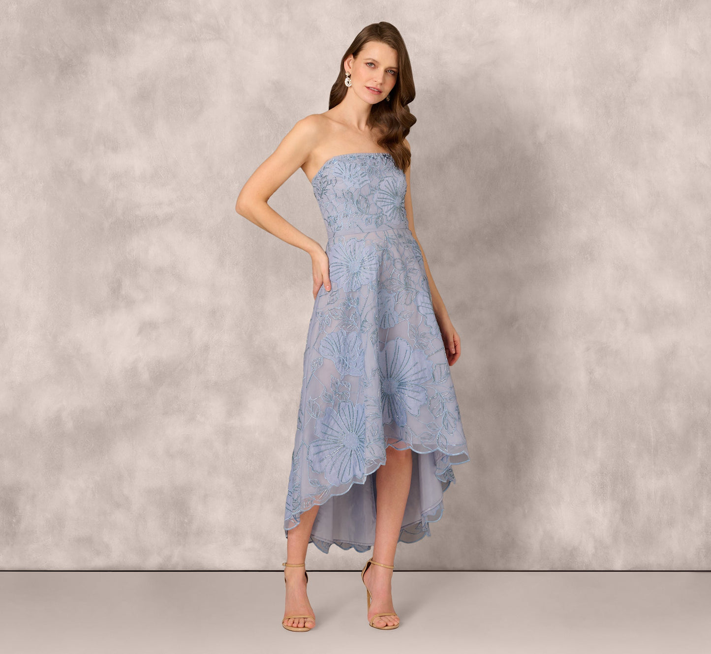 Strapless Floral Embroidered High Low Midi Dress In Blue Cloud