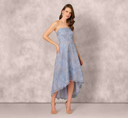 Strapless Floral Embroidered High Low Midi Dress In Blue Cloud