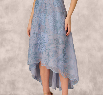 Strapless Floral Embroidered High Low Midi Dress In Blue Cloud