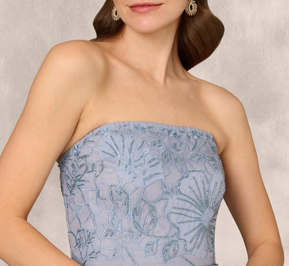 Strapless Floral Embroidered High Low Midi Dress In Blue Cloud
