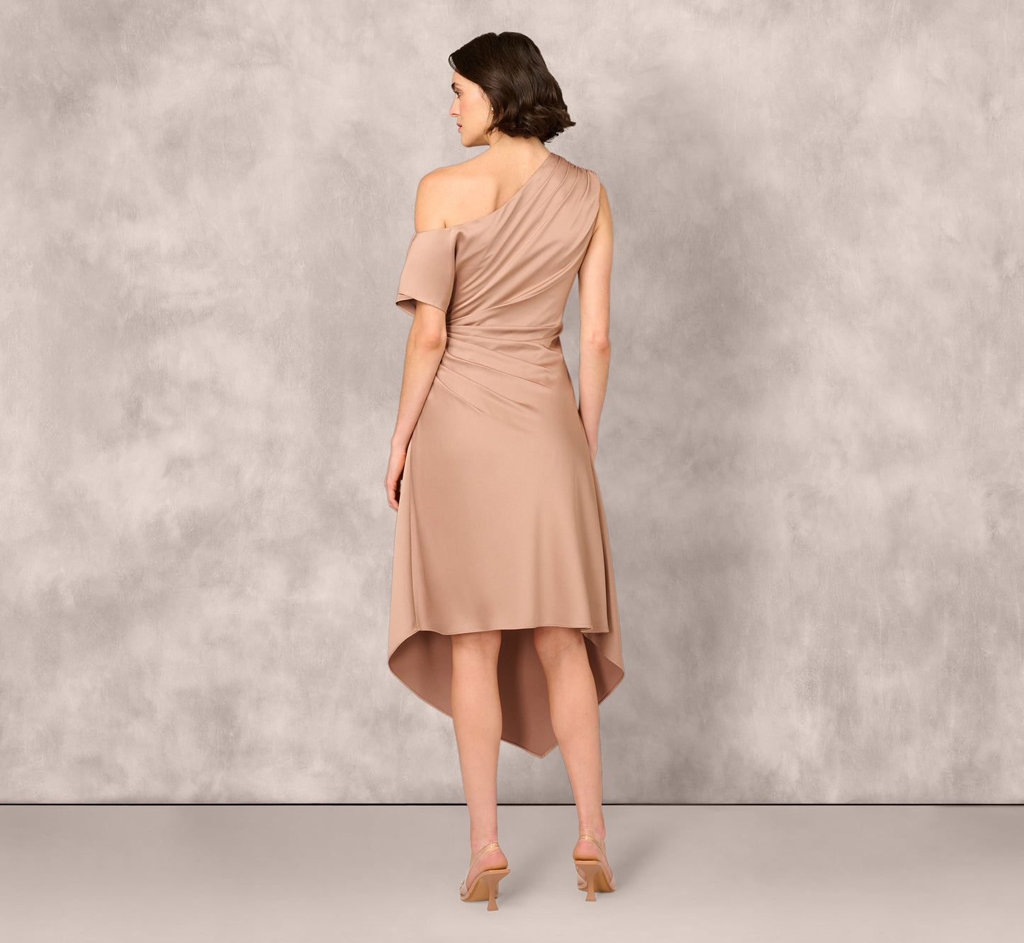 One Shoulder Asymmetrical Draped Satin Midi Dress In Cafe Mocha