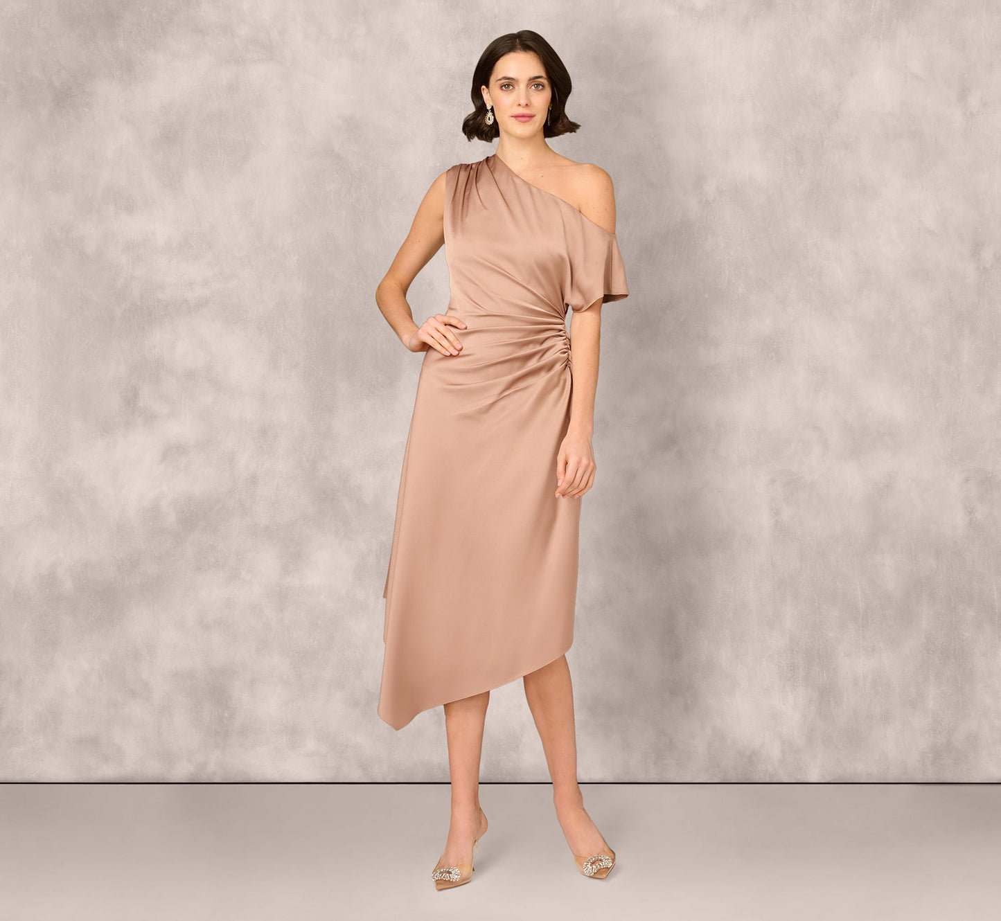 One Shoulder Asymmetrical Draped Satin Midi Dress In Cafe Mocha