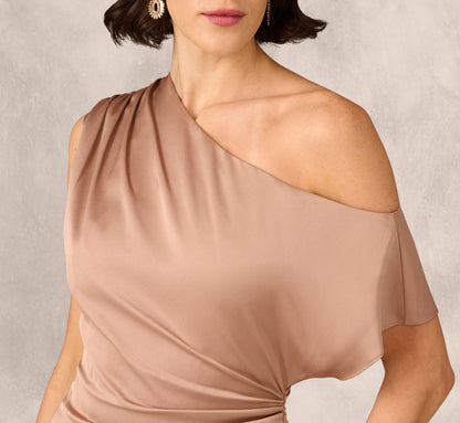 One Shoulder Asymmetrical Draped Satin Midi Dress In Cafe Mocha