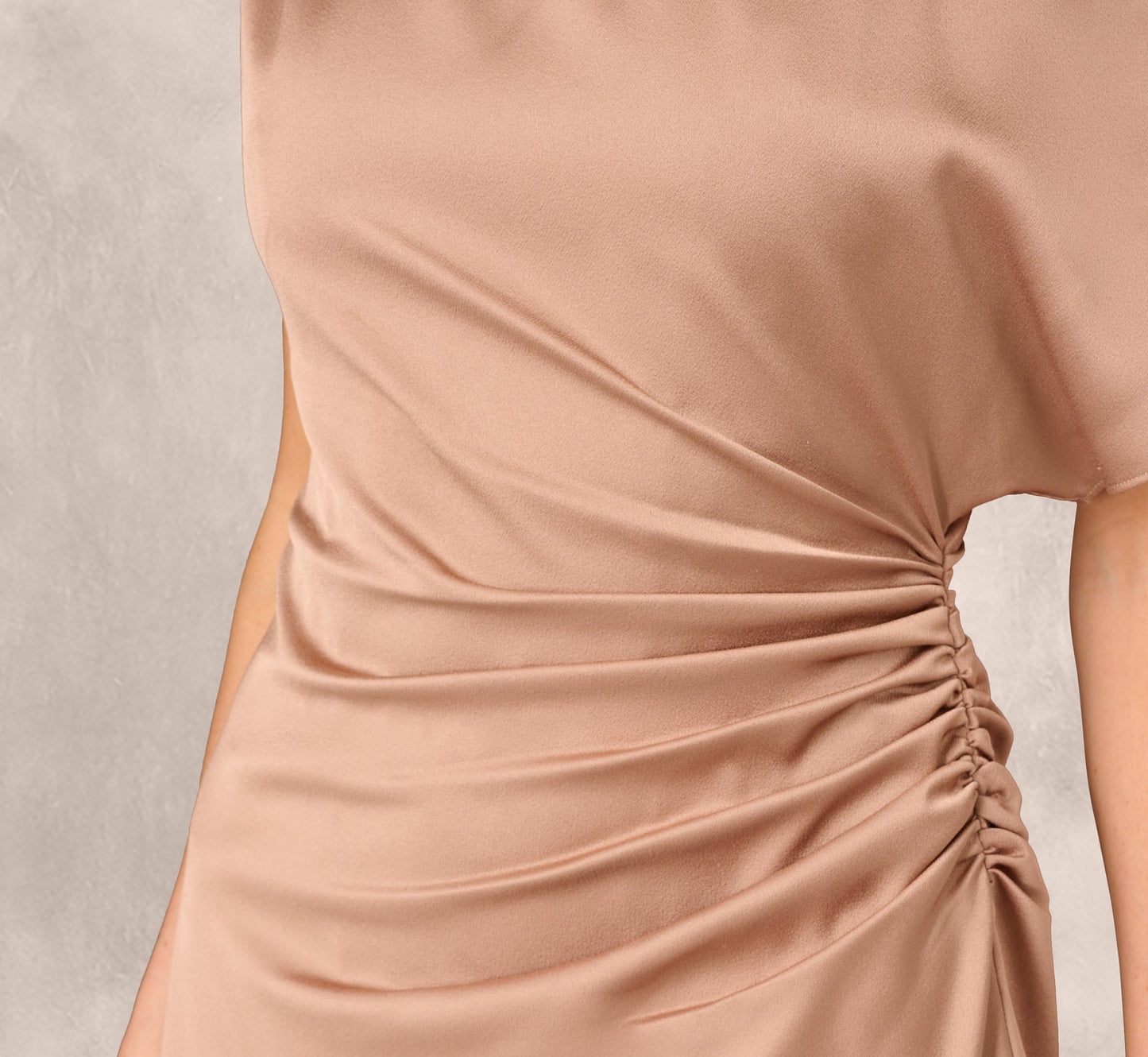 One Shoulder Asymmetrical Draped Satin Midi Dress In Cafe Mocha