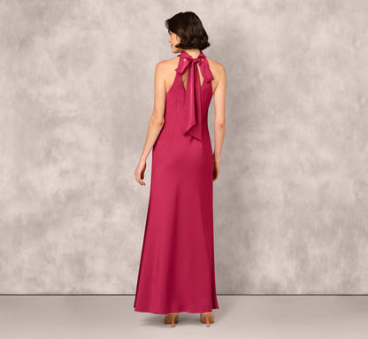 Bias Cut Satin Cowl Halter Gown In Meritage