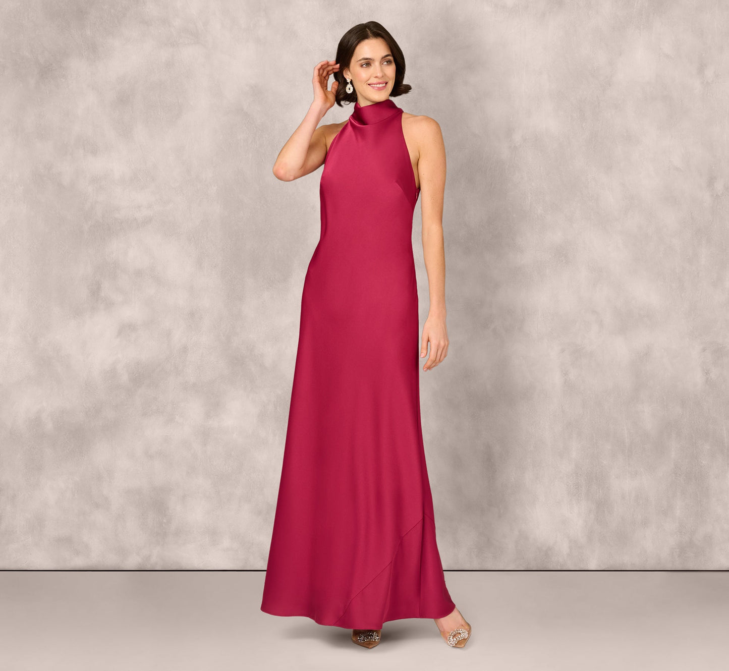 Bias Cut Satin Cowl Halter Gown In Meritage