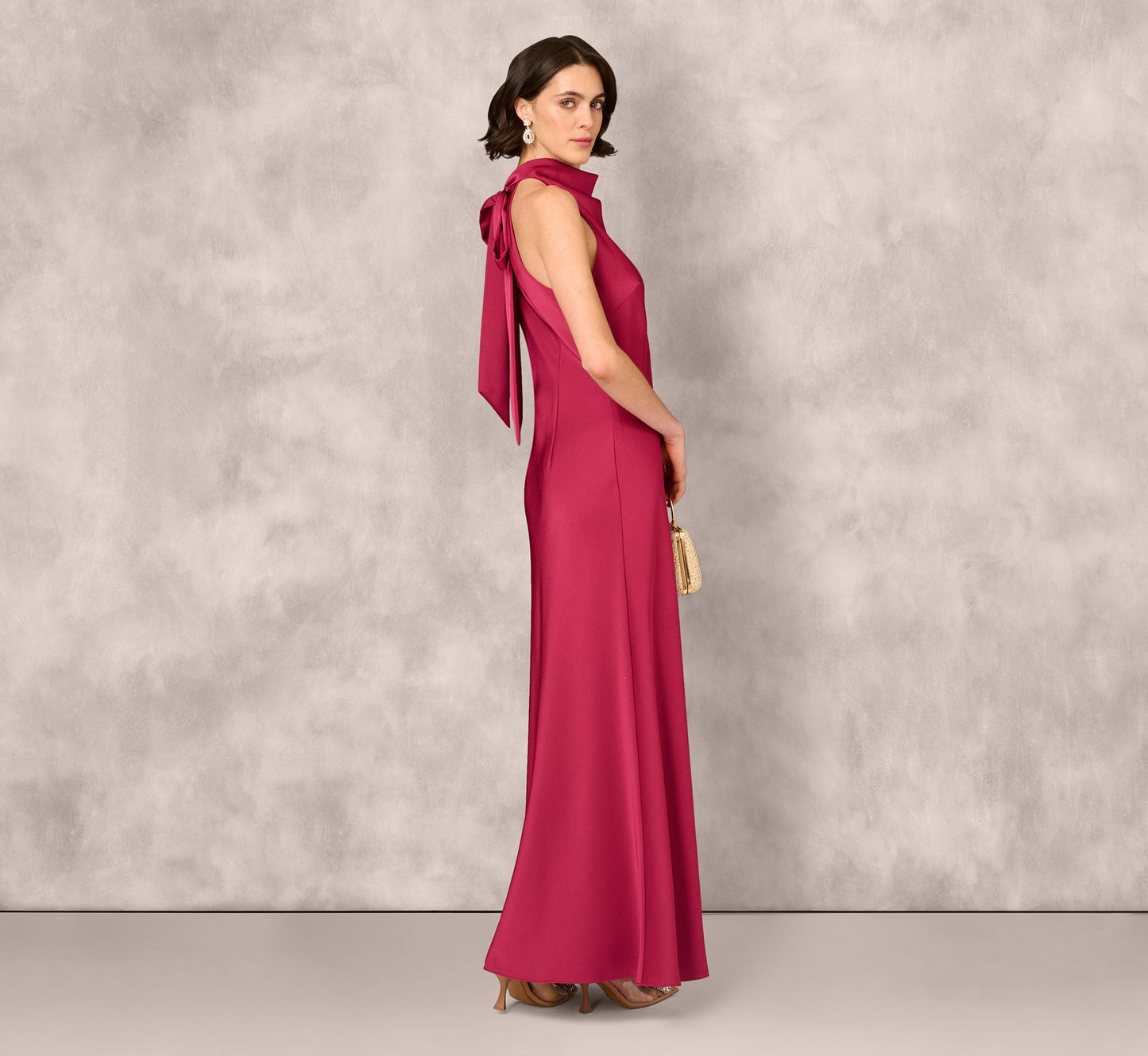 Bias Cut Satin Cowl Halter Gown In Meritage