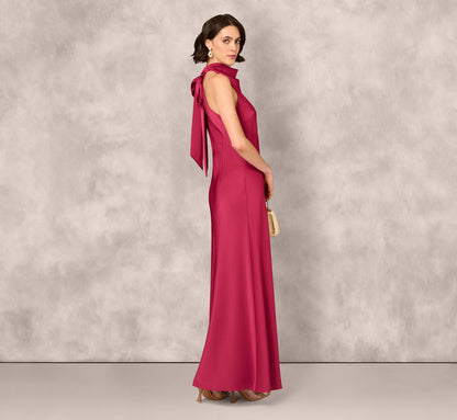 Bias Cut Satin Cowl Halter Gown In Meritage