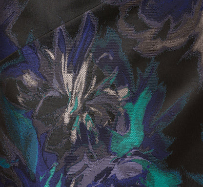 One Shoulder Floral Jacquard Belted Gown In Blue Multi