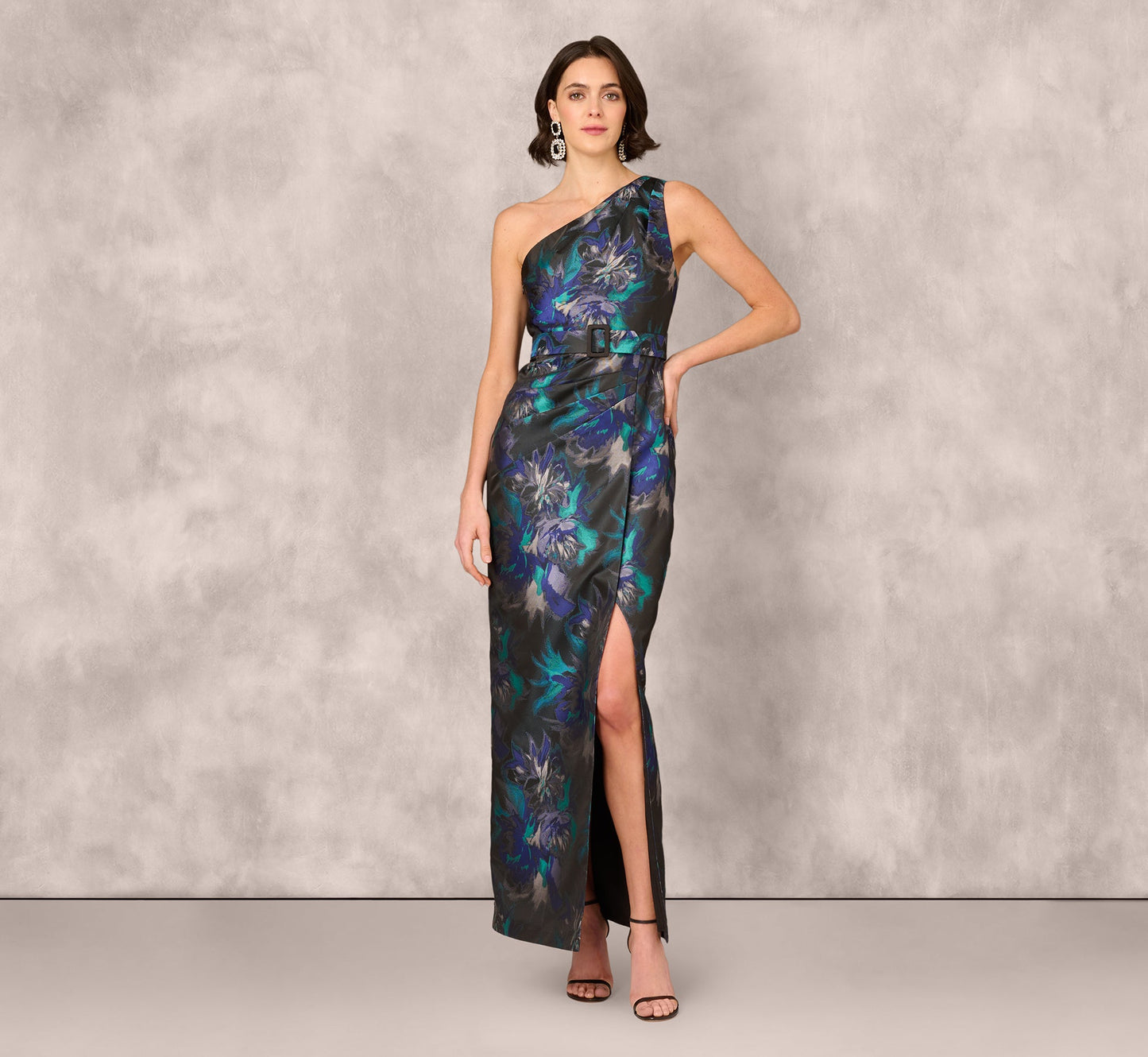 One Shoulder Floral Jacquard Belted Gown In Blue Multi