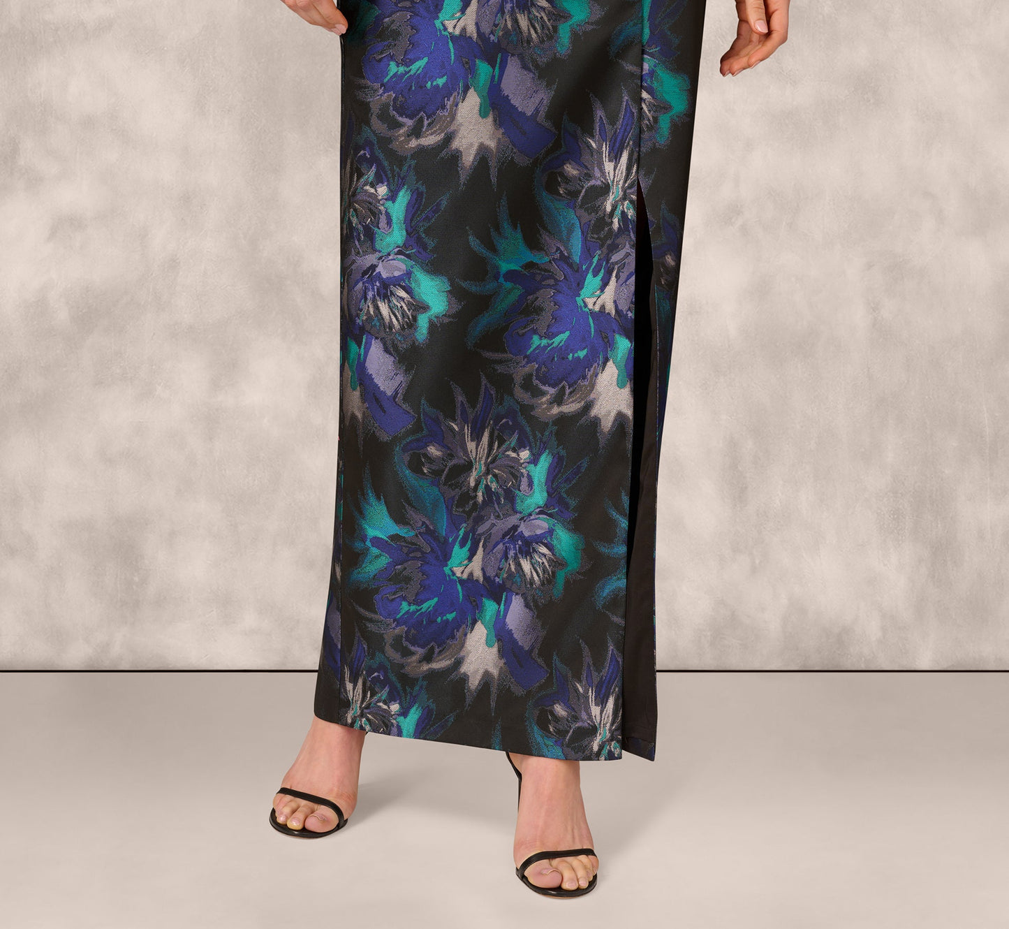 One Shoulder Floral Jacquard Belted Gown In Blue Multi
