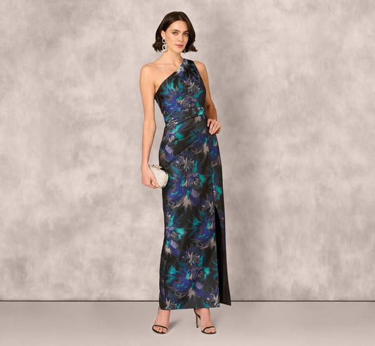 One Shoulder Floral Jacquard Belted Gown In Blue Multi