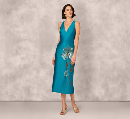Sleeveless Sequin Bead Flower Midi Dress In Peacock