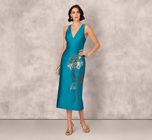 Sleeveless Sequin Bead Flower Midi Dress In Peacock