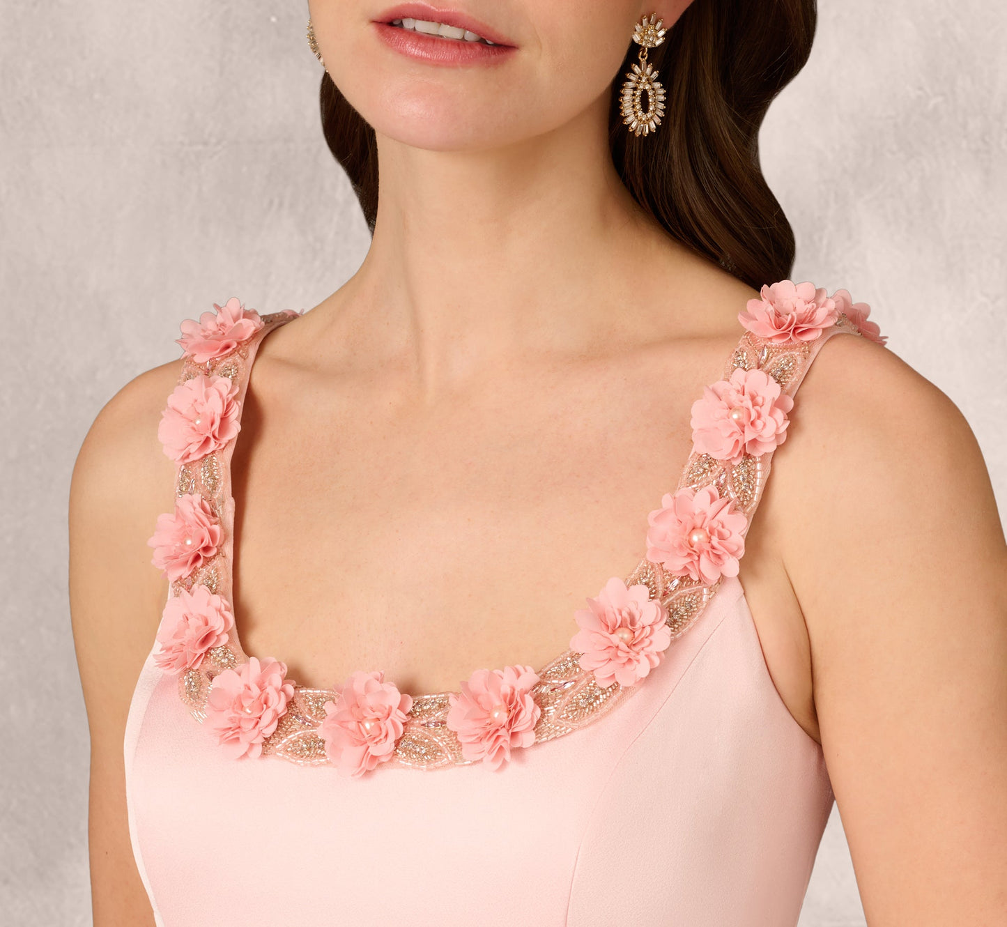 Sleeveless Satin Rosette Midi Sheath Dress In Pink Peach