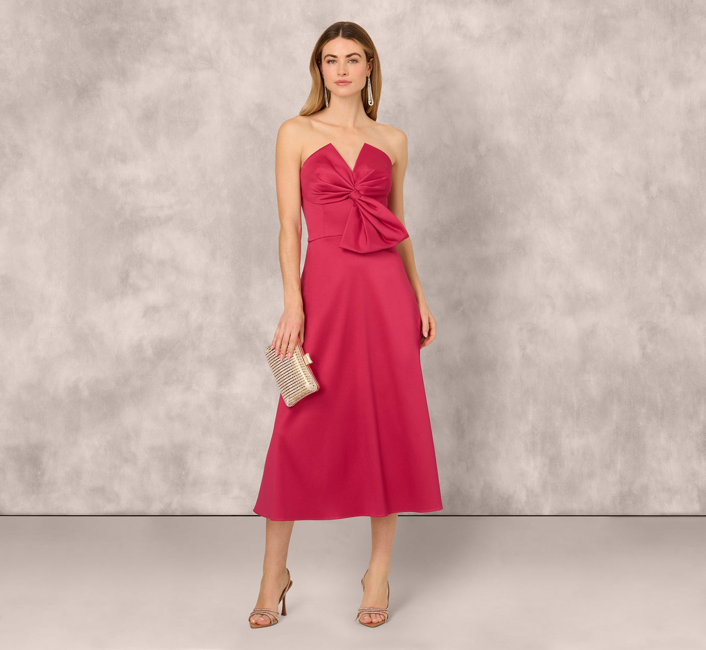 Strapless Bow Front Mikado Midi Dress In Faded Azalea
