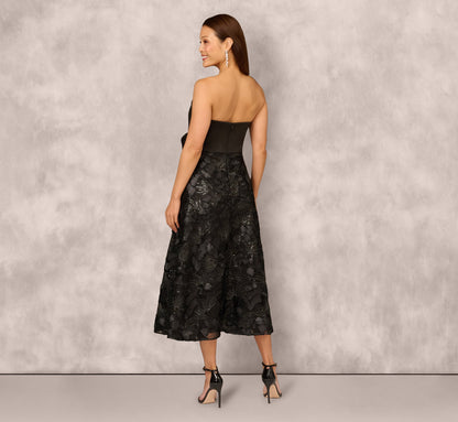 Strapless Satin Beaded Midi Gown In Black