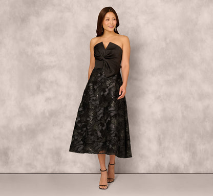 Strapless Satin Beaded Midi Gown In Black