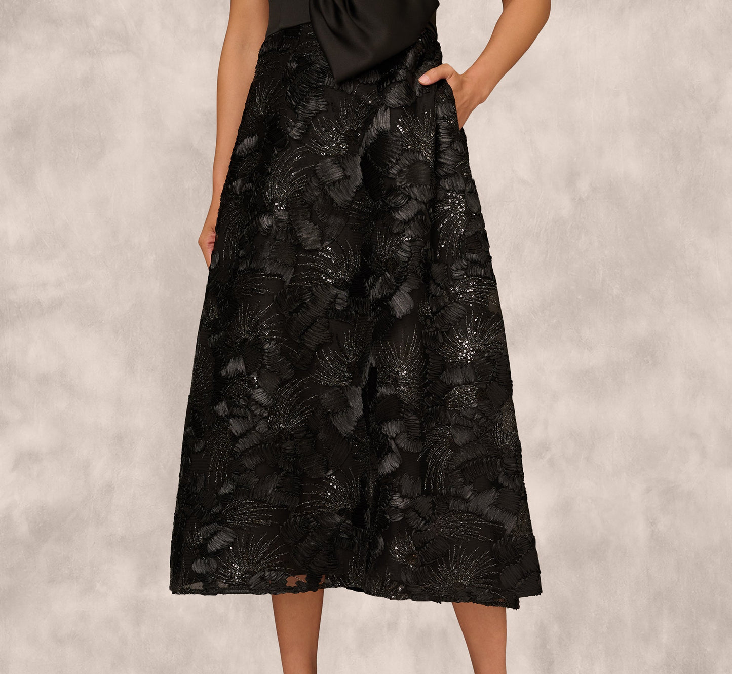 Strapless Satin Beaded Midi Gown In Black
