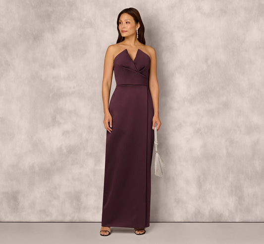 Strapless Notch Neck Satin Gown In Midnight Plum