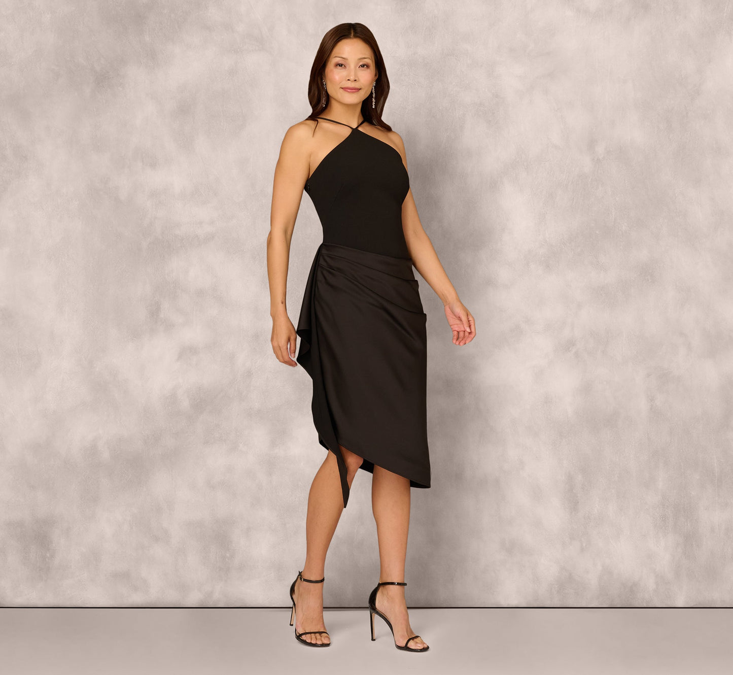 Draped Satin Halter Combo Dress In Black