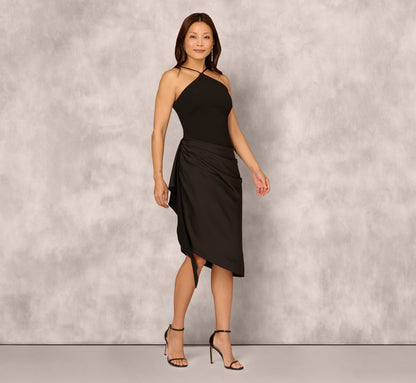 Draped Satin Halter Combo Dress In Black