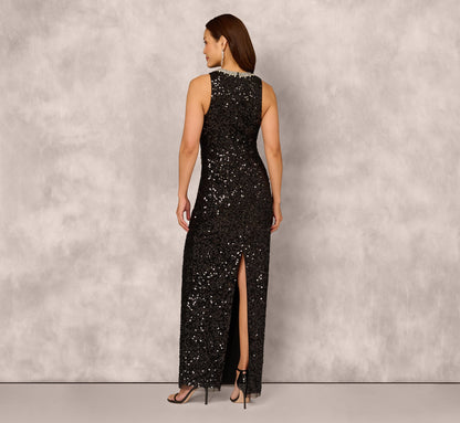 Sleeveless Asymmetrical Illusion Sequin Gown In Black