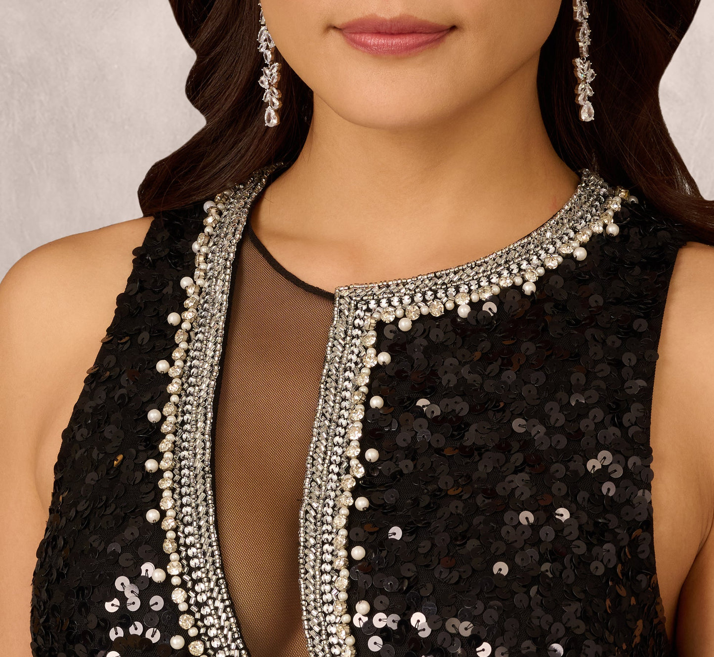 Sleeveless Asymmetrical Illusion Sequin Gown In Black
