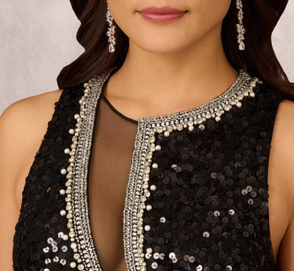 Sleeveless Asymmetrical Illusion Sequin Gown In Black