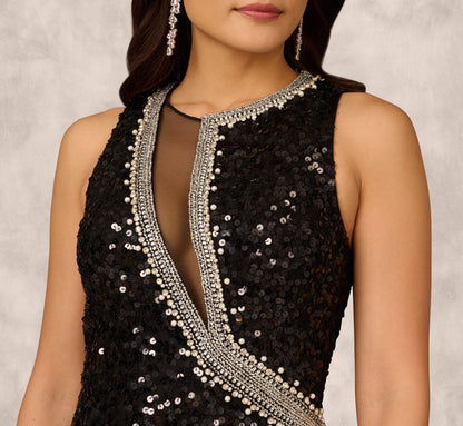 Sleeveless Asymmetrical Illusion Sequin Gown In Black