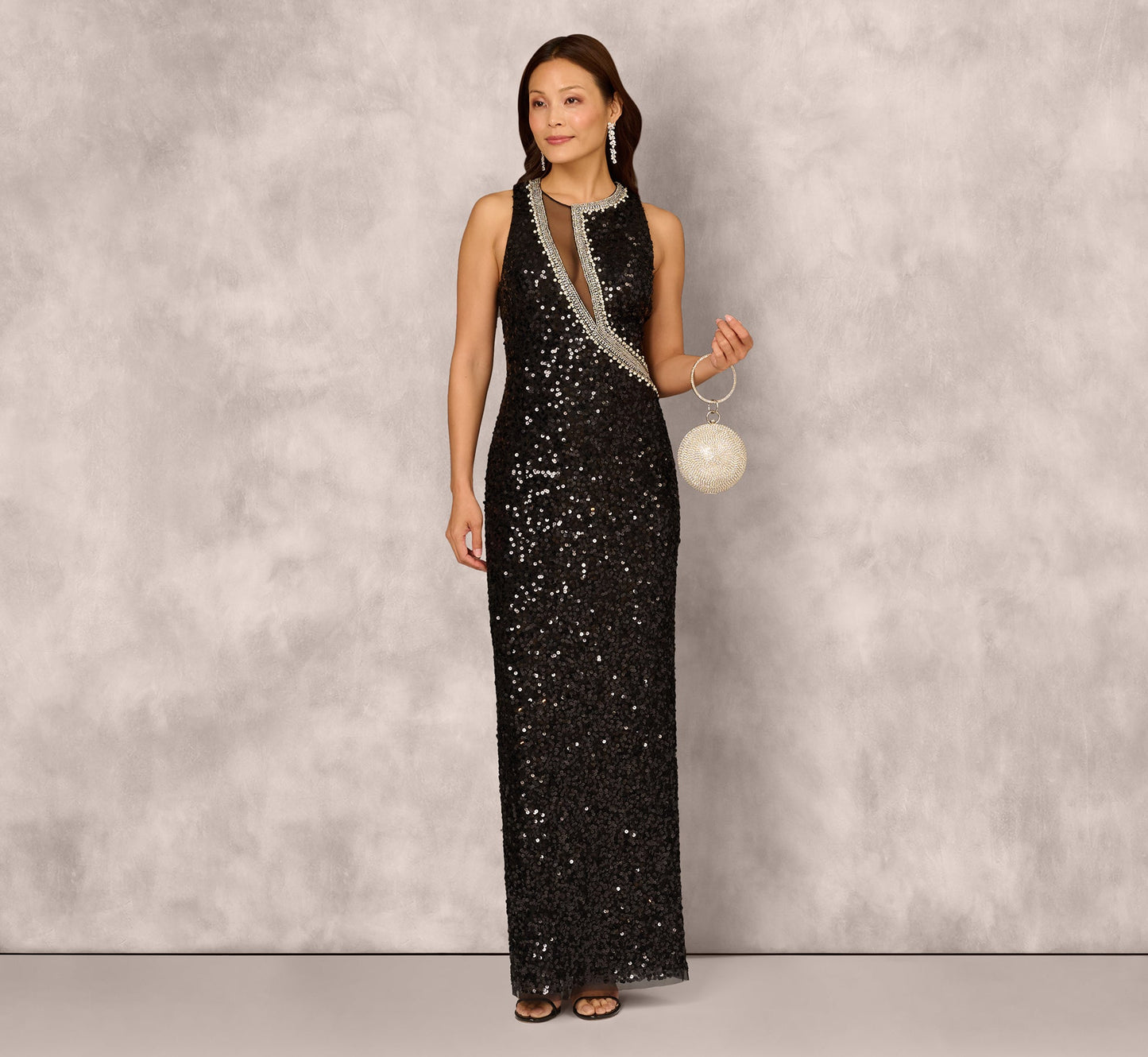 Sleeveless Asymmetrical Illusion Sequin Gown In Black