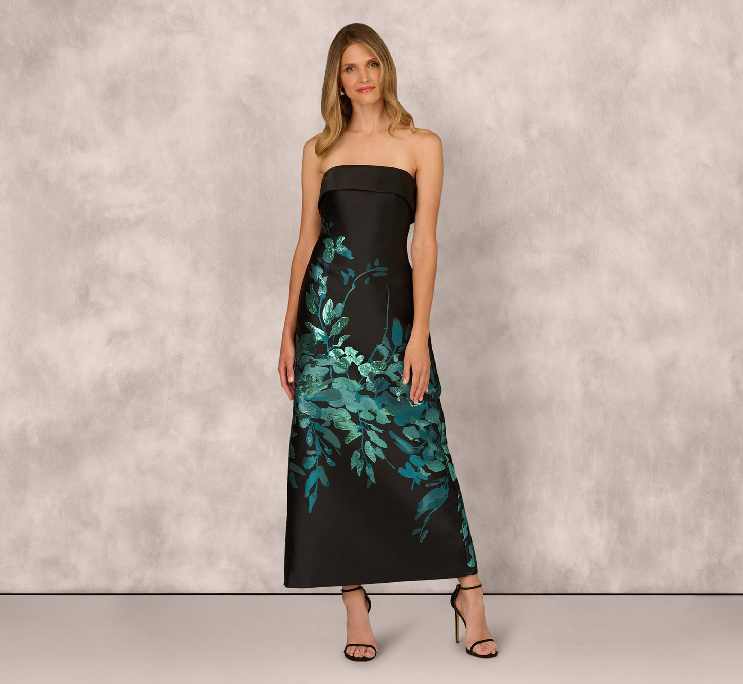 Sleeveless Metallic Floral Jacquard Gown In Black Teal