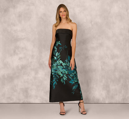 Sleeveless Metallic Floral Jacquard Gown In Black Teal