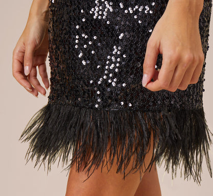 Sequined Trapeze Halter Dress With Feather Trim In Black